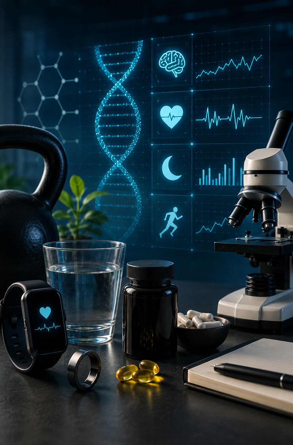 Imagem conceitual de biohacking com dispositivos vestíveis, suplementos, microscópio e elementos digitais relacionados ao monitoramento do corpo, desempenho e pesquisa científica.